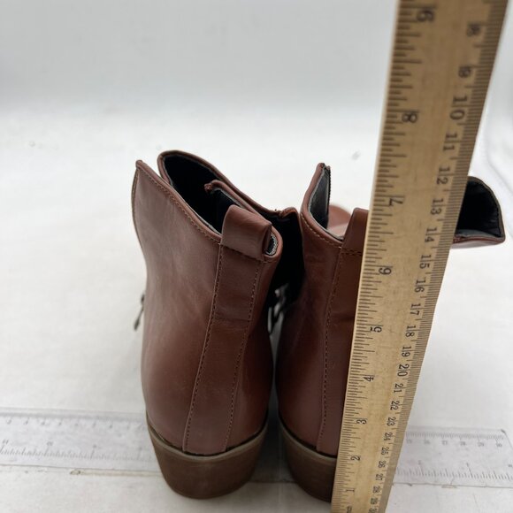 Women's Round Toe Leathers Stacked Heel Western Ankle Bootie Brown - Picture 4 of 7